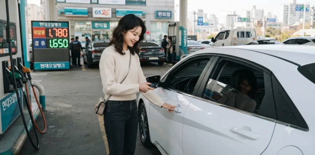 연료 덮개 잠금 해제를 위해 스마트키 열림 버튼을 여러 번 누르는 여성 운전자 모습