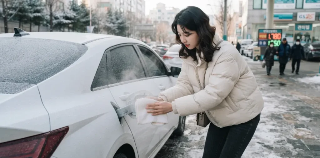 한파로 얼어붙은 연료 덮개 위에 따뜻한 수건을 덮어 부드럽게 주변 얼음을 녹이는 장면