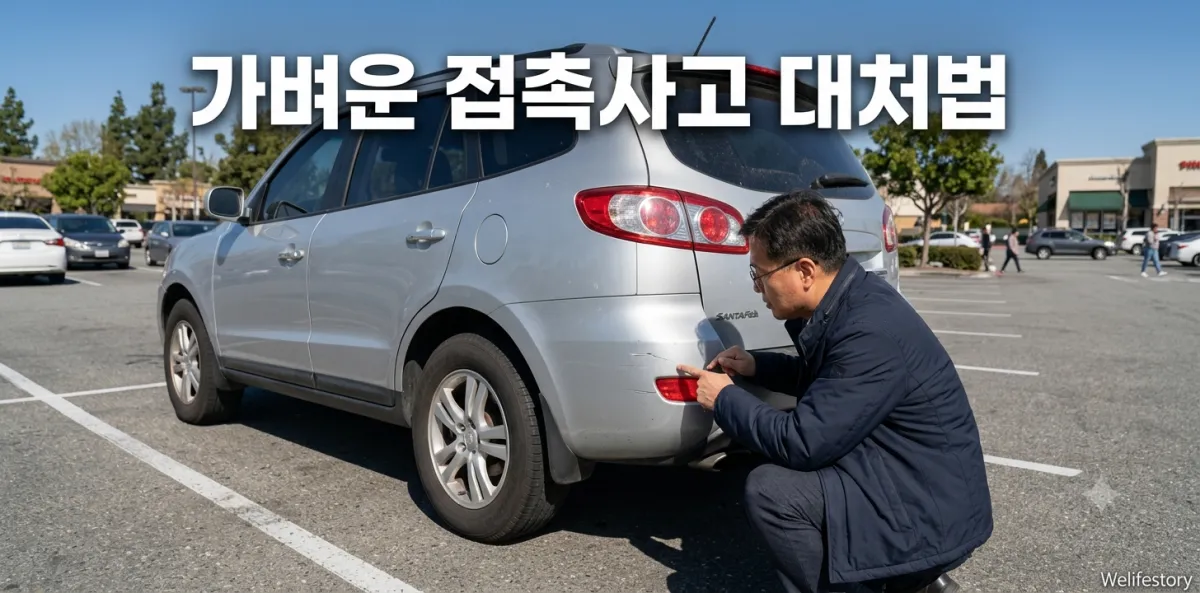가벼운 접촉사고 대처 방법에 따라 파손 부위를 살피는 남성 운전자 모습