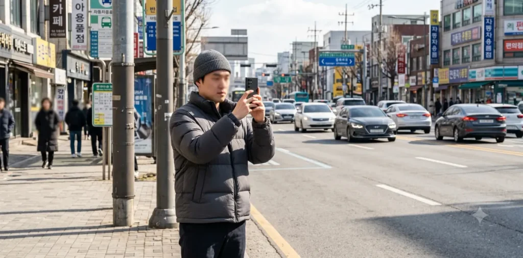 올바른 접촉사고 사진 찍는 법 순서에 따라 멀리서 전체 상황을 기록하는 장면