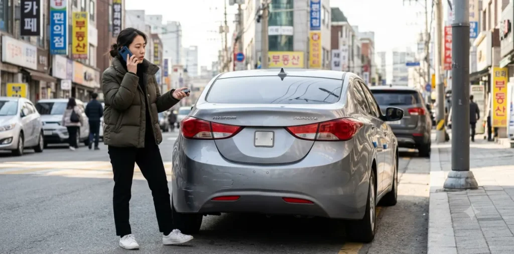접촉사고 보험처리 할증 기준 적용을 고민하며 전화로 전문가와 상담하는 운전자 모습