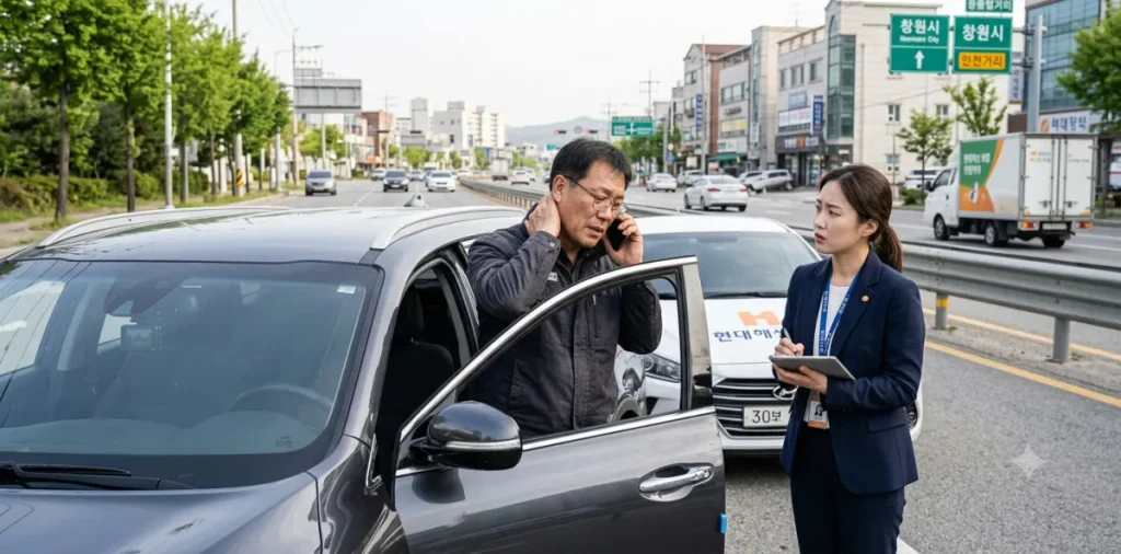 돌발적인 상황에서 올바른 자동차 보험접수 방법 순서대로 침착하게 통화하는 모습