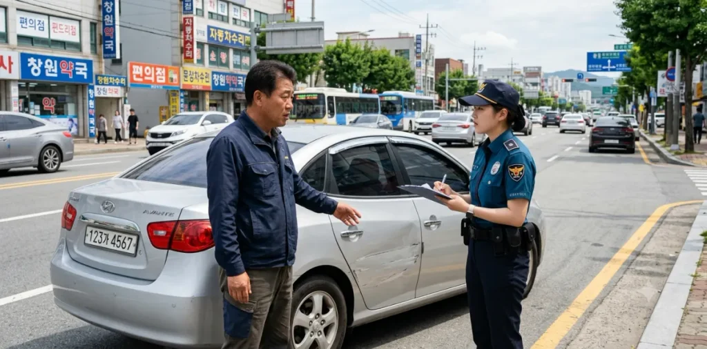 초보운전 교통사고 발생 시 출동한 경찰관에게 당시 상황을 자세히 설명하는 모습