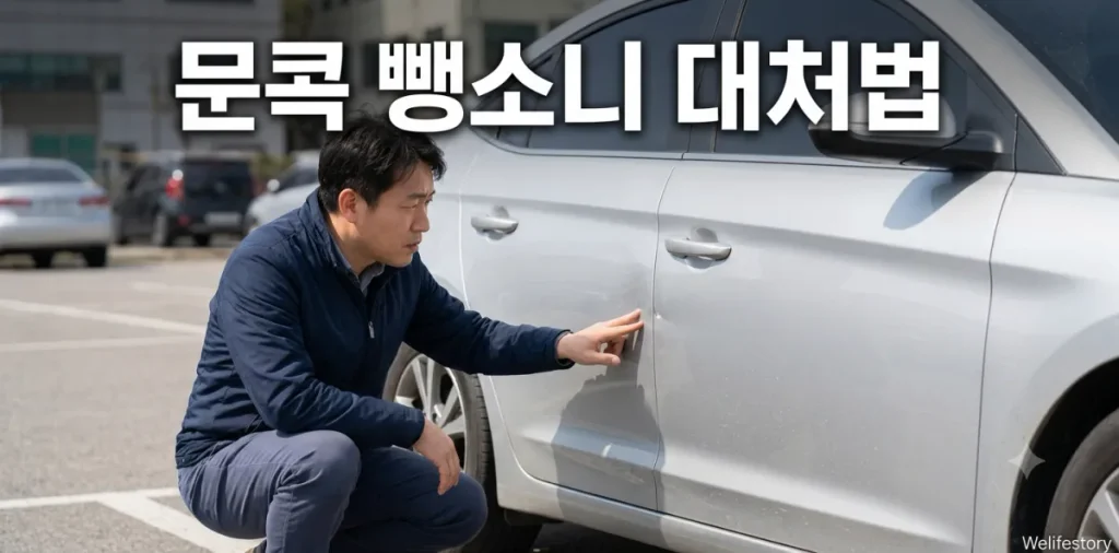 주차장 문콕 뺑소니 신고 접수를 위해 차량 측면 찌그러짐을 확인하는 모습