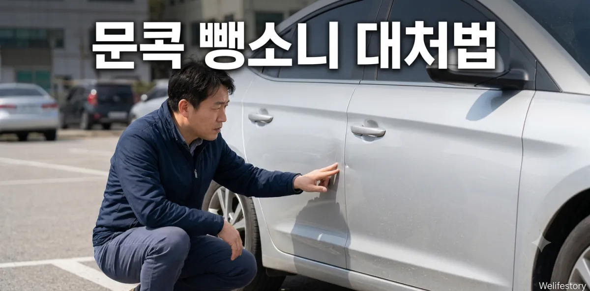주차장 문콕 뺑소니 신고 접수를 위해 차량 측면 찌그러짐을 확인하는 모습