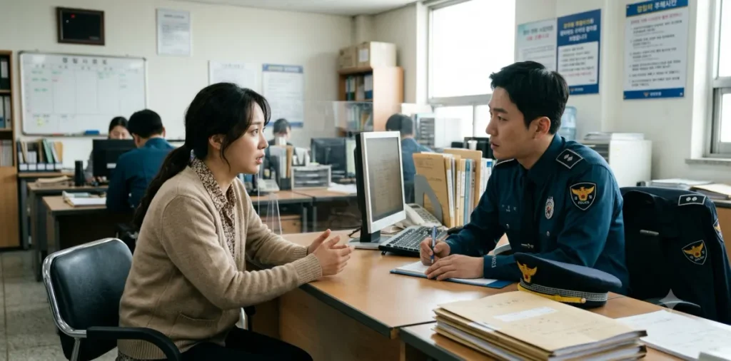 수집한 블랙박스 영상 확보 자료를 들고 경찰관과 진지하게 상담을 나누는 장면