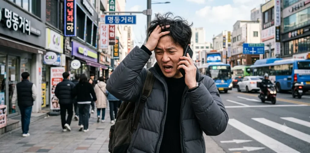 가해자를 찾은 뒤 합의가 안 되어 길거리에서 답답한 표정으로 통화하는 모습