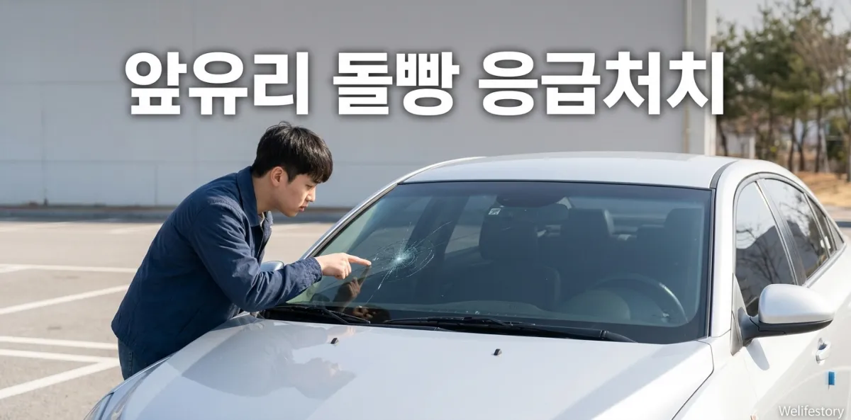 자동차 앞유리 돌빵 복원 비용 절감을 위해 파손된 부위를 유심히 살펴보는 운전자의 모습