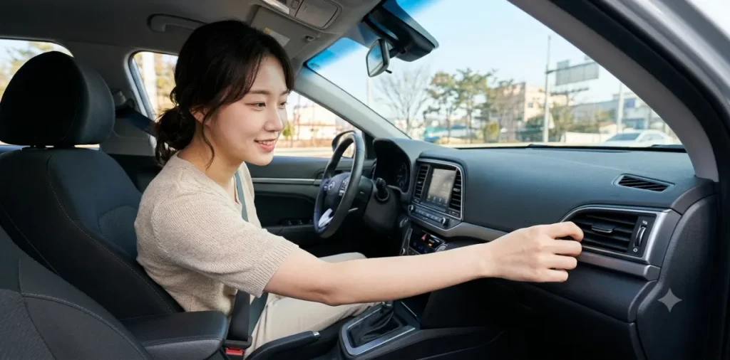 급격한 온도 팽창과 앞유리 크랙 진행 방지 목적을 위해 실내 풍향을 조절하는 모습