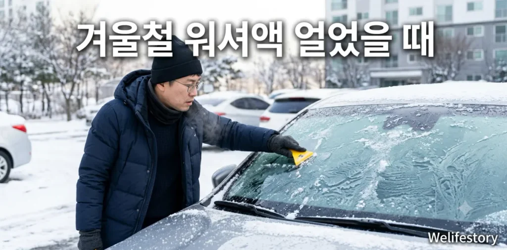 겨울철 워셔액 얼었을 때 당황하며 꽁꽁 언 앞유리를 살펴보는 남성 운전자 모습
