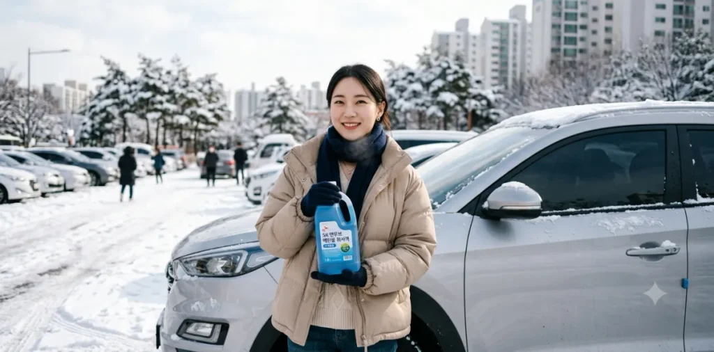 동절기 대비 에탄올 워셔액 교체 작업을 위해 어는점이 낮은 전용 제품을 준비한 모습