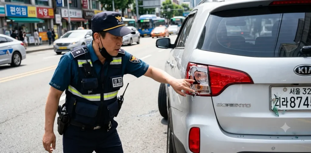후미등 고장 수리를 방치하다가 도로에서 경찰관에게 불량 상태를 단속받고 있는 모습