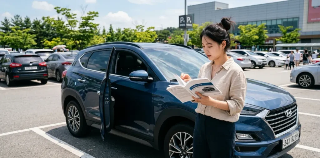 알맞은 자동차 전구 규격 파악을 위해 설명서를 꼼꼼하게 읽어보는 여성