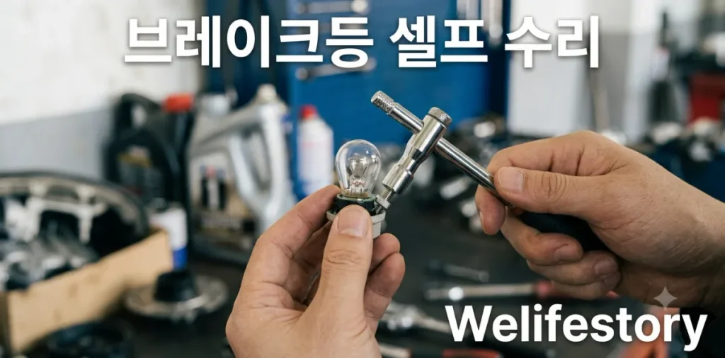 저렴한 다이소 자동차 전구 부품과 탈거용 티 렌치 공구를 나란히 들고 보여주는 장면