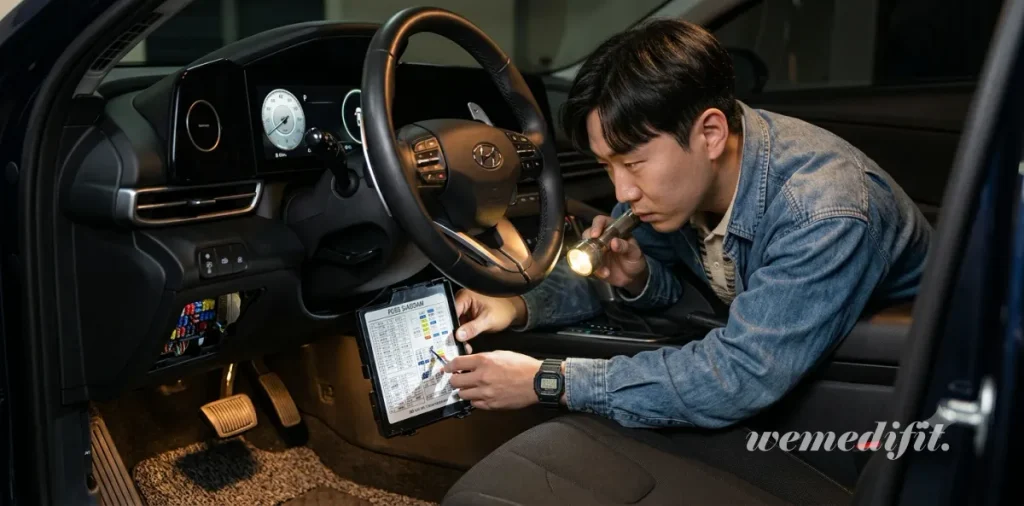 운전석 아래 실내 퓨즈박스 위치 덮개를 열고 내부 도해도를 꼼꼼하게 확인하는 남성