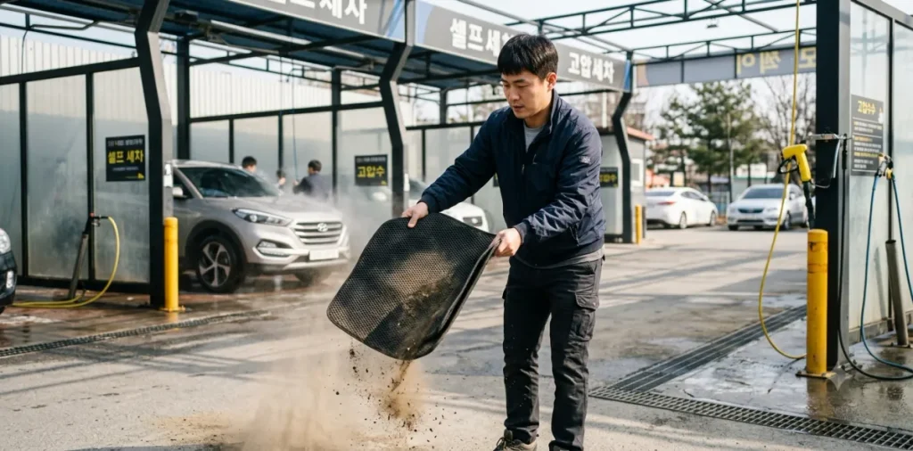 세차장 발매트 세척 작업 전 두 손으로 꽉 잡고 굵은 흙먼지를 털어내는 장면