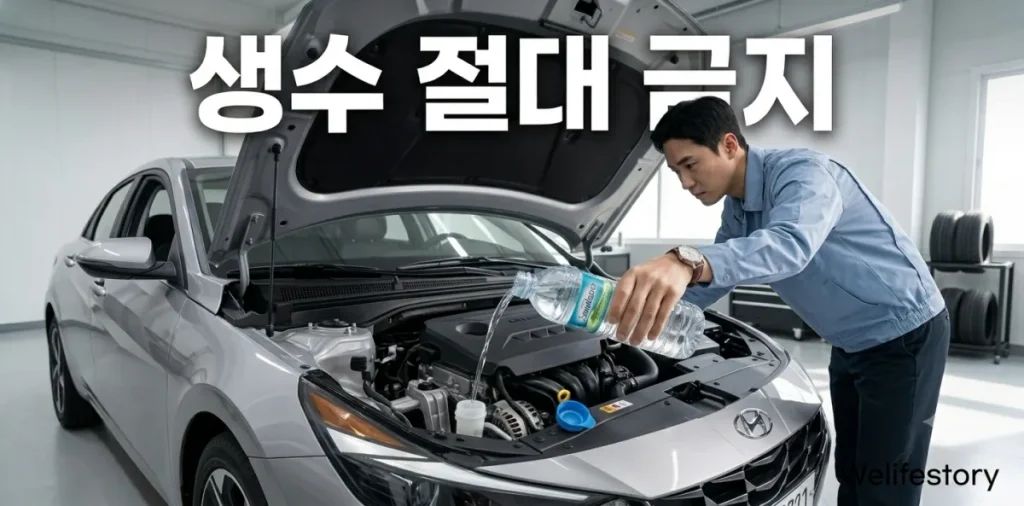 자동차 냉각수 생수 대신 올바른 응급처치를 위해 엔진룸을 열고 점검하는 장면