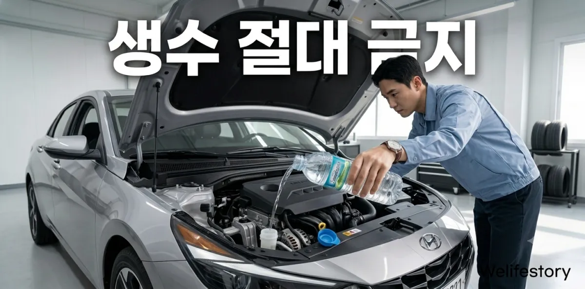 자동차 냉각수 생수 대신 올바른 응급처치를 위해 엔진룸을 열고 점검하는 장면