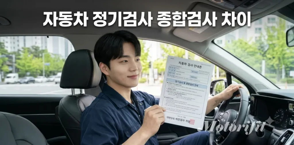 자동차 정기검사 종합검사 차이를 파악하려고 차량 안에서 안내문을 읽는 남성