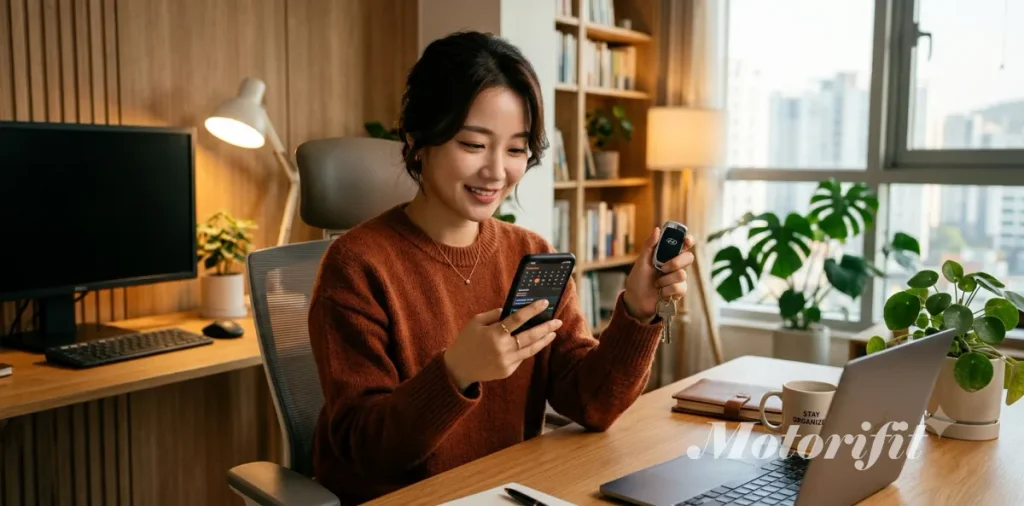 자동차 검사 과태료를 예방하려고 스마트폰 달력으로 만료 날짜를 확인하는 여성