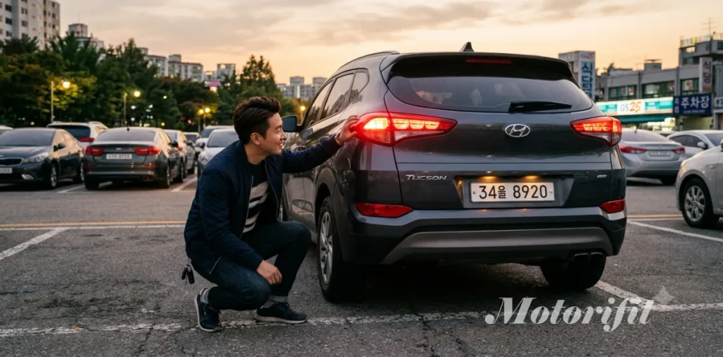 자동차 검사 불합격 재검사를 피하려고 주차장에서 브레이크등 상태를 점검하는 모습