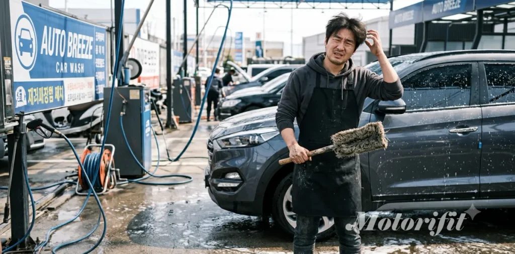 공용 솔을 함부로 차에 비벼서 도장면 전체에 잔기스가 발생해 당황한 모습