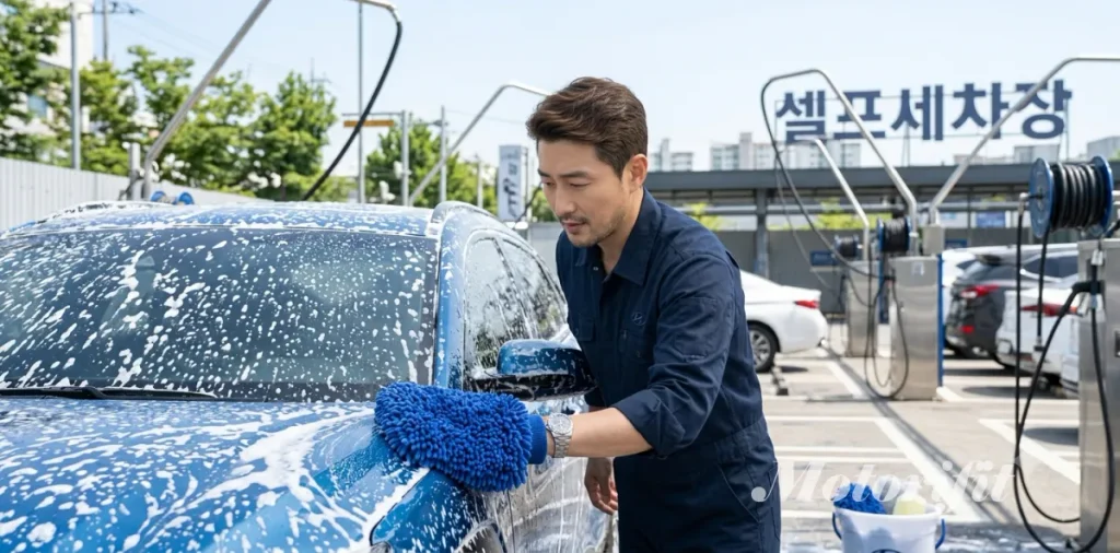 거품이 흘러내린 후 안전한 도장면 관리를 위해 미트질을 부드럽게 하는 모습