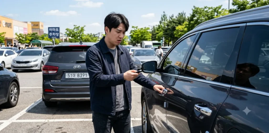 스마트키 방전 전조증상을 파악하고자 주차장 차 문 앞에서 버튼을 눌러보는 모습