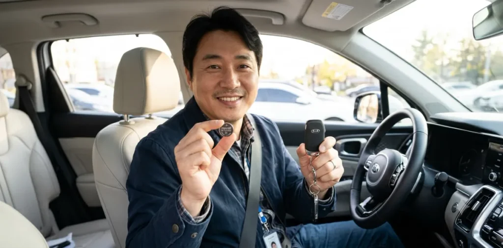 정확한 스마트키 건전지 규격을 확인하고 알맞은 동전형 부품을 손에 쥐고 있는 모습