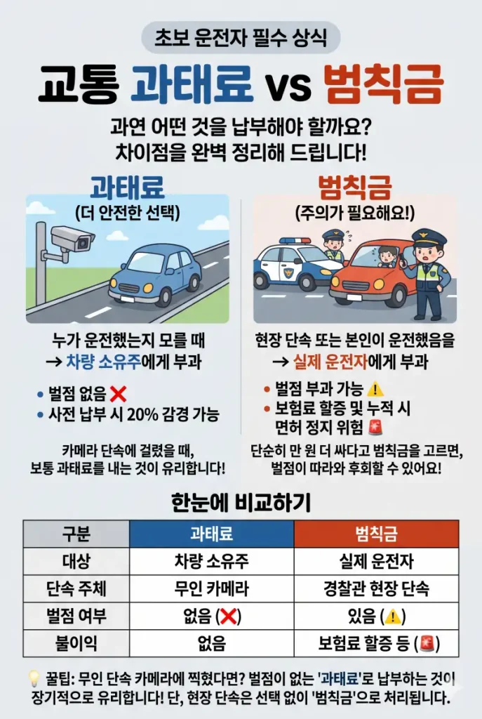 교통 과태료와 범칙금의 부과 대상 및 벌점 유무 등 핵심 차이점을 한눈에 비교 정리한 안내표