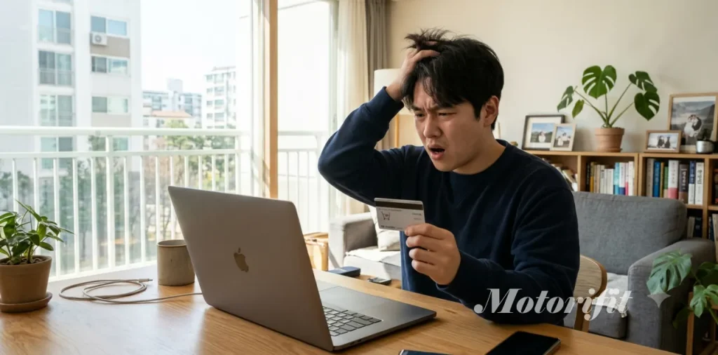 잘못된 지식으로 벌점을 받아 보험료가 오른 것을 알고 좌절하는 남성 모습
