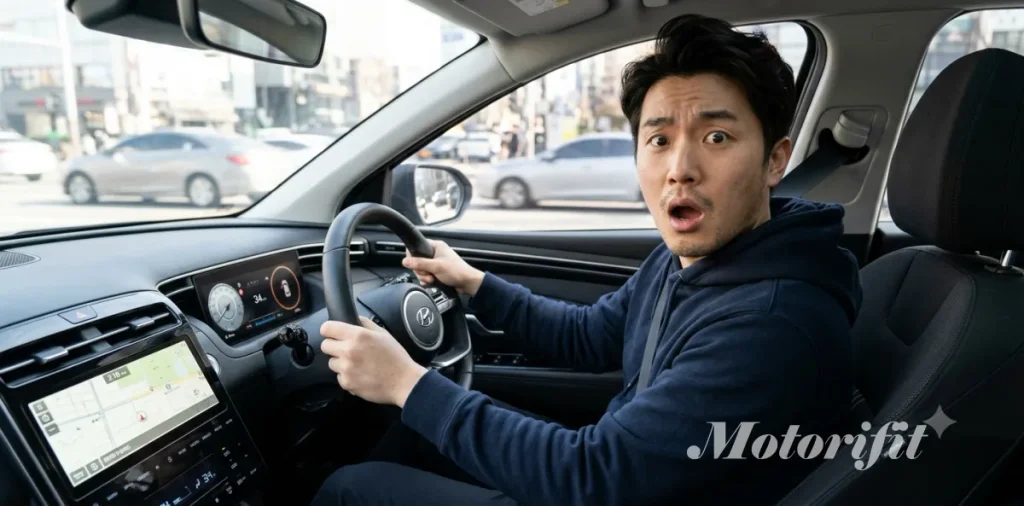 갑작스러운 변속 충격 원인 문제 때문에 운전석에서 놀라며 차를 살피는 장면