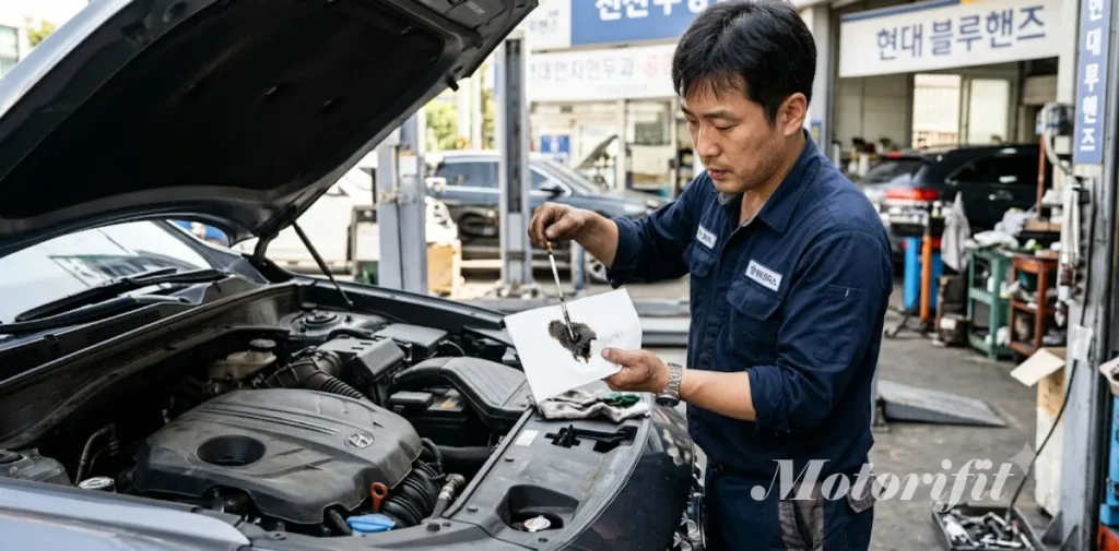 자동차 미션오일 교체 주기 시기 도래를 짐작하게 하는 검고 탁한 액체의 모습