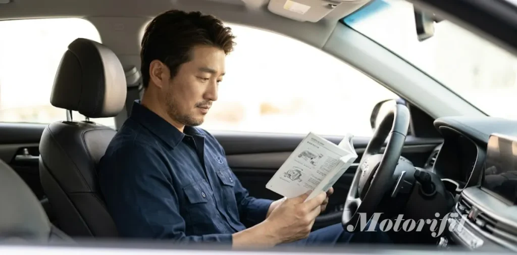 무교환 미션오일 문구의 정확한 진짜 의미를 파악하기 위해 설명서를 읽는 장면