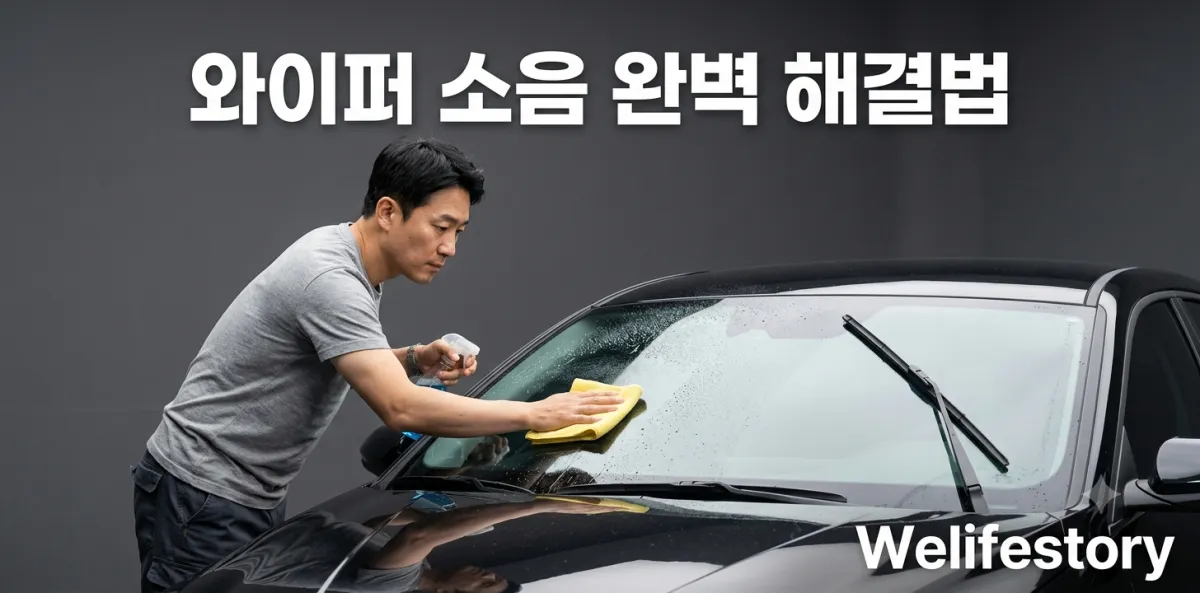 와이퍼 드르륵 소리 원인을 파악하고 앞유리 표면을 깨끗하게 닦아내는 장면