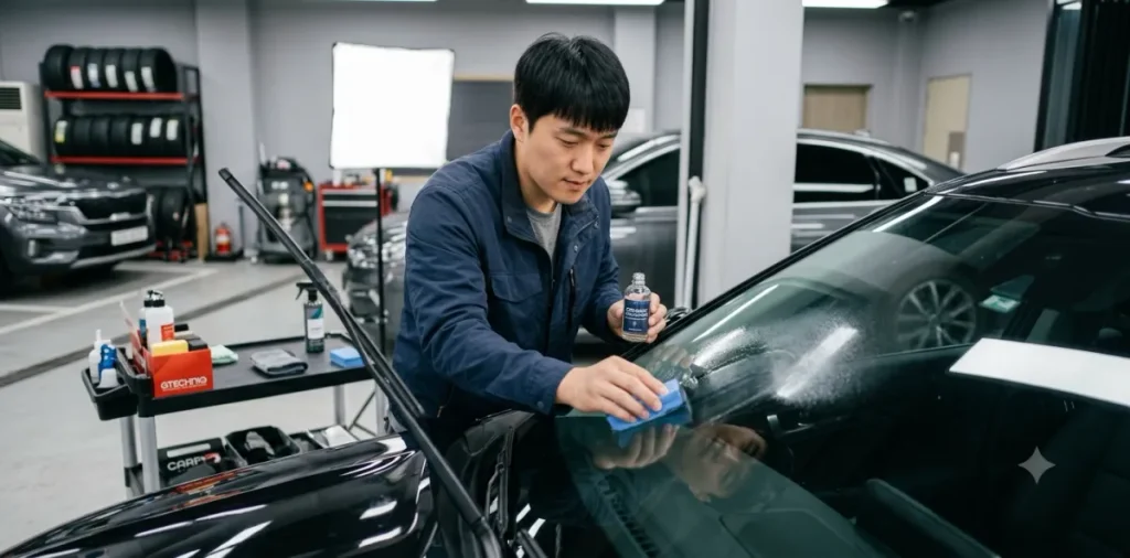 자동차 전면 유리에 발수코팅제 바르는법 원칙대로 투명한 액체를 도포하는 장면